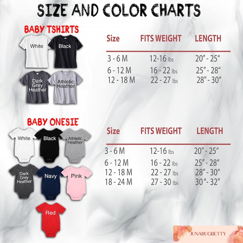 Puede incluir: Tablas de tallas y colores para camisetas y bodies de beb&eacute;. Las camisetas est&aacute;n disponibles en blanco, negro, gris oscuro jaspeado y jaspeado atl&eacute;tico. Los bodies est&aacute;n disponibles en blanco, negro, jaspeado atl&eacute;tico, gris oscuro jaspeado, azul marino, rosa y rojo.