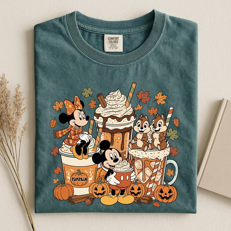 Pu&ograve; includere: Una t-shirt girocollo color verde acqua scuro con una stampa grafica di Minnie, Topolino, Cip e Ciop con bevande a tema autunnale. Il design include zucche, foglie cadenti e bastoncini di cannella. La maglietta presenta un'etichetta Comfort Colors.