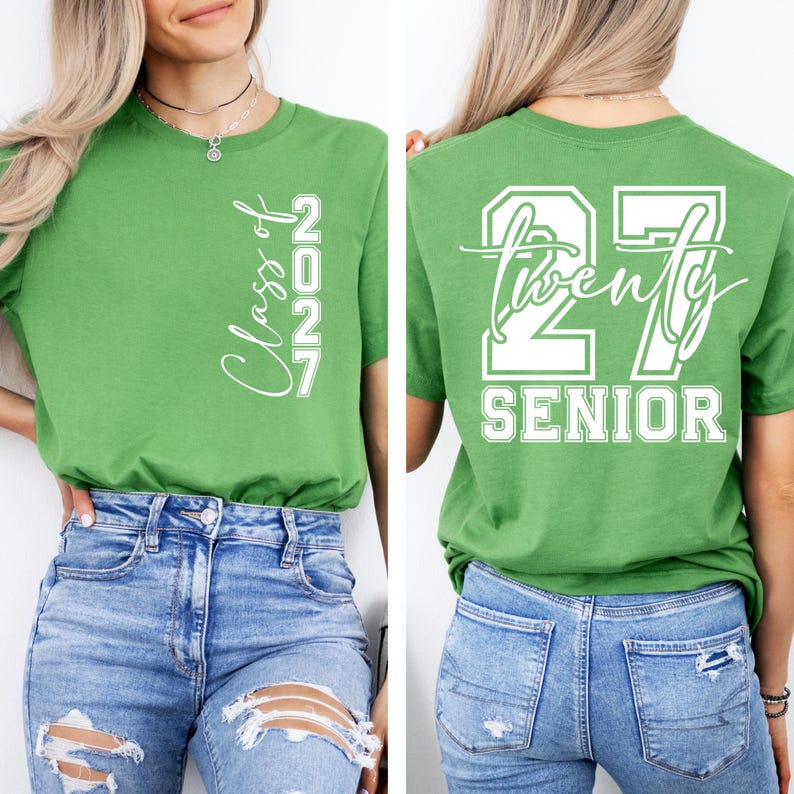 May include: A lime green t-shirt with white text. The front of the shirt says "Class of 2027" vertically. The back of the shirt says "27 Twenty Senior" in a white block design. The shirt is made of a soft material.