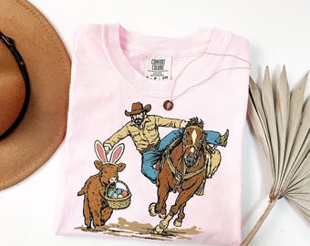 Camisa vaquera de Pascua con colores cómodos, camiseta con cesta de conejo, camiseta vaquera de primavera, regalo vaquero de Pascua, camiseta vaquera de Pascua, ropa vaquera de verano