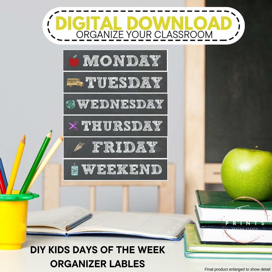 School Themed Chalkboard DIY PRINTABLE Days of the Week Organizing ...