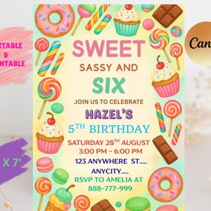 Sweet Sassy and Six Birthday Invitation, Girl 6th Birthday Invitation, Sweet Six Invitation, Pastel Sweets Dessert Donut Candy, Canva
