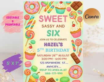 Sweet Sassy and Six Birthday Invitation, Girl 6th Birthday Invitation, Sweet Six Invitation, Pastel Sweets Dessert Donut Candy, Canva