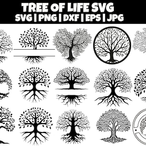 Könnte beinhalten: Ein Satz von 12 Schwarzweiß-Vektorillustrationen von Lebensbaum-Designs. Die Designs zeigen verschiedene Stile von Bäumen mit Wurzeln und Ästen, darunter ein kreisförmiges Design mit einem Baum im Inneren.