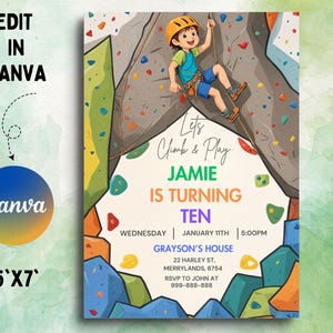 Peut inclure: Une invitation d'anniversaire colorée avec une illustration de dessin animé d'un garçon qui fait de l'escalade. L'invitation indique "Let's Climb & Play Jamie is Turning Ten" et comprend les détails de la fête, y compris la date, l'heure et le lieu.