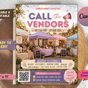 Puede incluir: Una plantilla de folleto para la feria de artesanos Sunrise Market Collective Call for Vendors 2026. El diseño incluye texto en morado y rosa, un icono de megáfono, un código QR y categorías como moda y comida. El tamaño es de 21,6 x 27,9 cm.