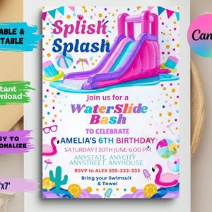 Invitación de cumpleaños con tobogán acuático editable, invitación con tobogán acuático, invitación para fiesta acuática para niño o niña, fiesta con tobogán acuático, plantilla de invitación de Canva