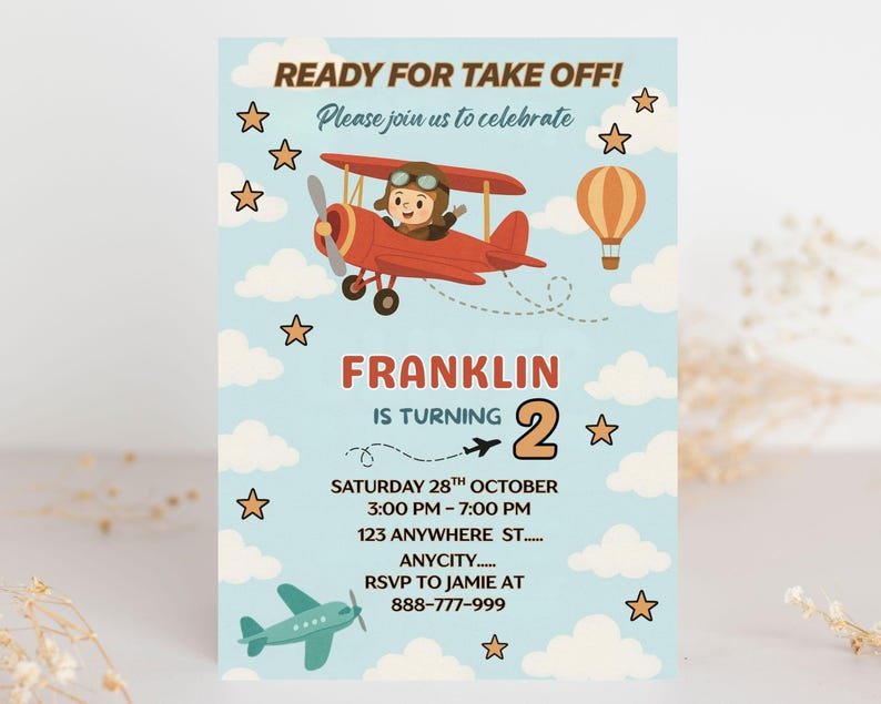 Take Flight Invite Editable Airplane Birthday Invitation, Time Two Take off Boy 2nd ...