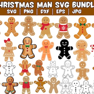 Könnte beinhalten: Ein Set mit 36 Lebkuchenmann-SVG-Schnittdateien. Die Lebkuchenmänner sind in verschiedenen Posen und tragen verschiedene festliche Kleidung, darunter Hüte, Schals und Zuckerstangen. Einige sind farbig, andere in Schwarzweiß.