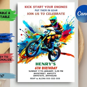 Könnte beinhalten: Eine farbenfrohe Geburtstagseinladung mit einem Motocross-Fahrer auf einem Dirtbike. Die Einladung lautet "Kick Start Your Engines, Put Them In Gear, Join Us To Celebrate". Außerdem steht "Henry's 6th Birthday" darauf und die Einladung enthält Datum, Uhrzeit und RSVP-Informationen.