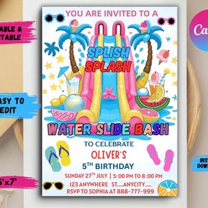 Könnte beinhalten: Eine farbenfrohe Einladung zu einer Wasserrutschen-Party mit einer großen aufblasbaren Wasserrutsche mit den Worten "SPLISH SPLASH". Die Einladung enthält den Text "YOU ARE INVITED TO A WATER SLIDE BASH" und Details für Olivers 5. Geburtstag.