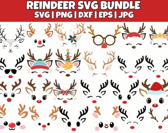 Christmas Reindeer Faces SVG PNG Bundle, Girl Reindeer SVG, Boy Reindeer Svg, Christmas 2023 Svg, Cute Reindeer Face Svg Cricut
