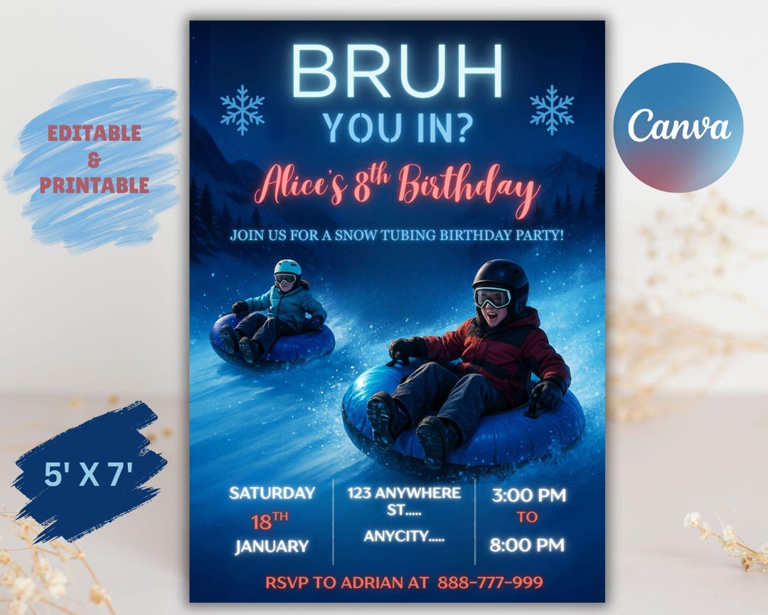 Snow Tubing Birthday Invitation: Winter Party for Kids (editable Canva ...