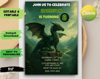 Dragon Birthday Invitation,Dragon Invitation,Dragon Birthday Party,Blue Gold Dragon Invite,Instant Download,Editable Canva