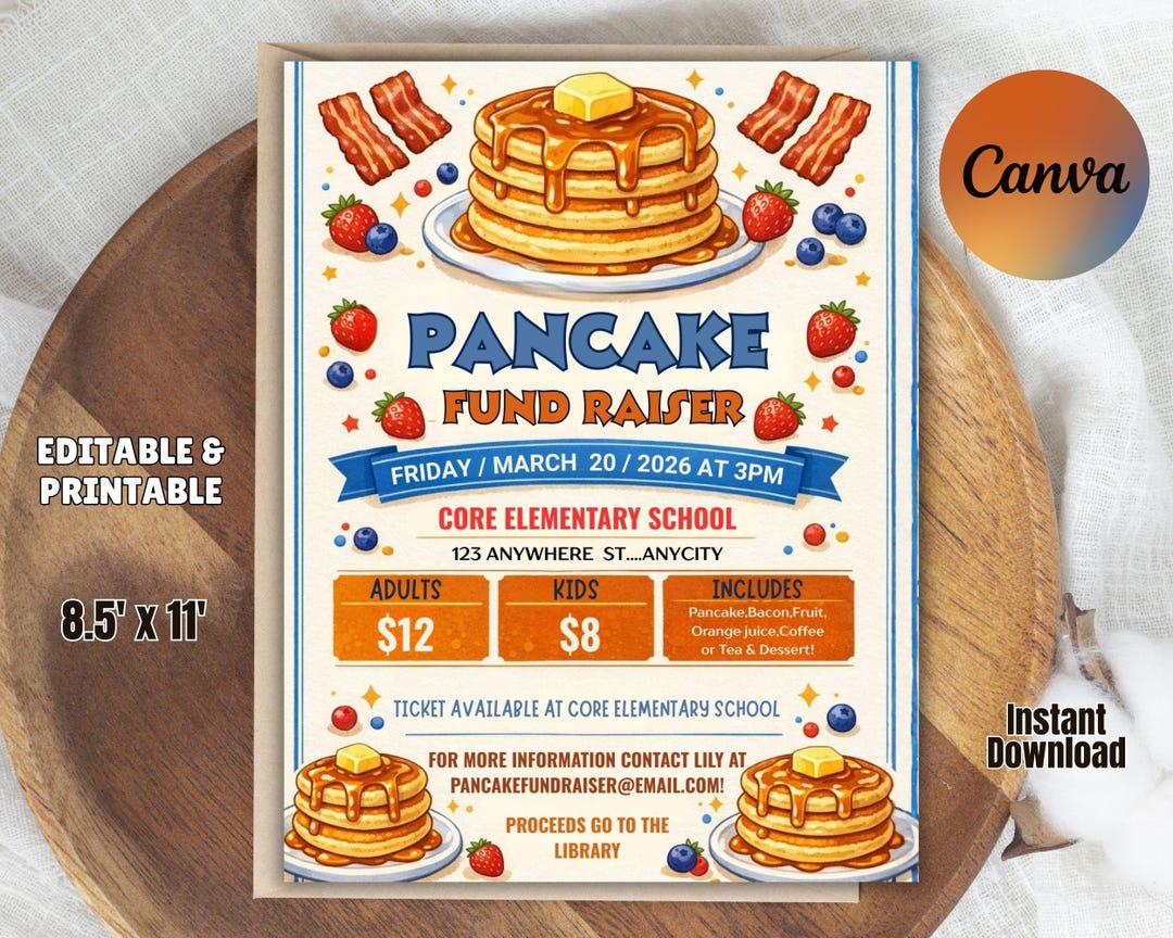 Pancake Breakfast Fundraiser Flyer Ticket PTA PTO School Fundraiser ...