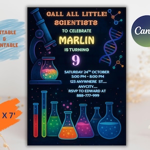May include: A printable invitation with a science theme. The invitation features a microscope, beakers, and the text "Call All Little Scientists" to celebrate Marlin's 9th birthday. The invitation is 5' x 7'.