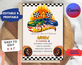 Editable Hot Cars Birthday Invitation, Hot Cars Let's Race Birthday Party Digital Invitation, Boys Birthday Card, Digital Download Template