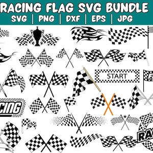 May include: A set of 25 black and white chequered racing flag SVG files. The flags include various designs, such as crossed flags, flags with flames, and flags with the words "Start" and "Finish".