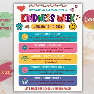 Könnte beinhalten: Ein farbenfrohes Poster für die Kindness Week der Applewild Elementary School, 10.-14. Januar 2026. Das Poster enthält tägliche Themen wie Manners Monday und Friendship Friday, mit einer Größe von 21,6 x 27,9 cm.