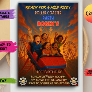 Könnte beinhalten: Einladung zur Achterbahnparty mit dem Text "Ready for a Wild Ride!" und "Robin's Party". Die Einladung zeigt eine Achterbahn mit Kindern, ein Riesenrad und den Text "10th Birthday".