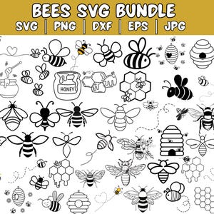 Könnte beinhalten: Ein Schwarzweiß-Bundle mit digitalen Illustrationen von Bienen, Honigwaben und Honigbehältern. Das Bundle enthält SVG-, PNG-, DXF-, EPS- und JPG-Dateien. "Bees SVG Bundle" steht in großen Buchstaben oben im Bild.