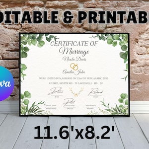 Printable Modern Marriage Certificate, Editable Marriage Certificate Template, Canva Editable, Certificate Template, Digital Download