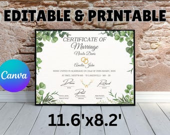 Printable Modern Marriage Certificate, Editable Marriage Certificate Template, Canva Editable, Certificate Template, Digital Download
