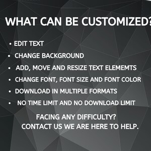 Op de afbeelding: Een zwart-witte afbeelding met de tekst "WHAT CAN BE CUSTOMIZED?" en een lijst met aanpassingsmogelijkheden, waaronder het bewerken van tekst, het wijzigen van de achtergrond, het toevoegen, verplaatsen en aanpassen van de grootte van tekstelementen, het wijzigen van het lettertype, de lettergrootte en de letterkleur, het downloaden in meerdere formaten en het ontbreken van tijd- of downloadlimieten. De tekst "FACING ANY DIFFICULTY? CONTACT US WE ARE HERE TO HELP." is ook inbegrepen.