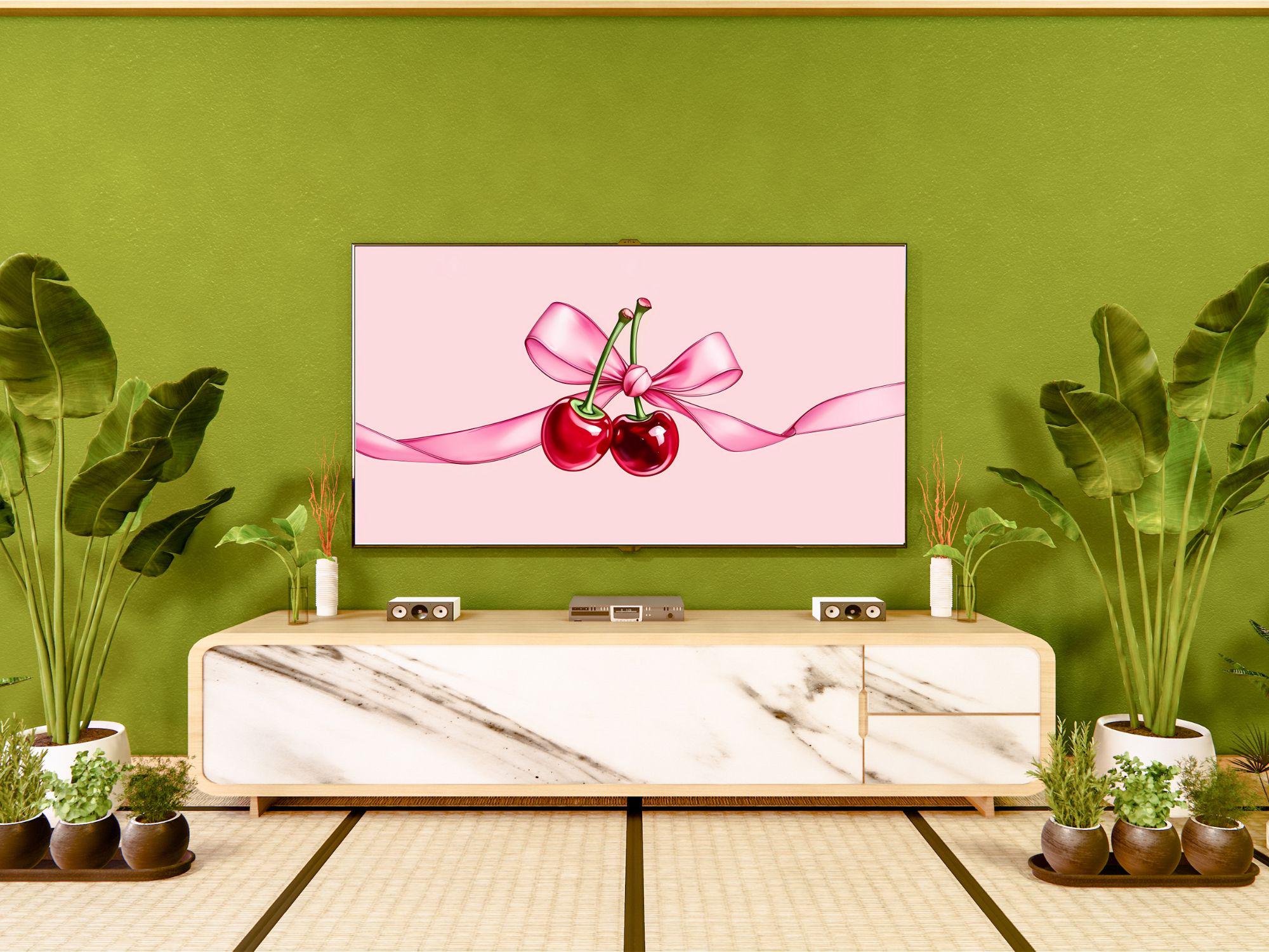 Coquette Desktop Wallpaper Background Valentine's Day Bow Cherry Pink