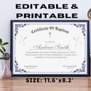 Plantilla de certificado de bautismo editable, certificado de bautismo imprimible, certificados de bautismo de bebé personalizados, plantilla de Canva para iglesia