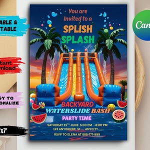 Könnte beinhalten: Eine farbenfrohe Einladung für eine Wasserrutschen-Party im Garten. Das Design zeigt eine große aufblasbare Wasserrutsche in Orange und Blau, Palmen und Wassermelonenstücke. Der Text enthält "SPLISH SPLASH" und Eventdetails. Das Canva-Logo ist sichtbar.