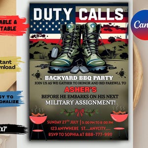 May include: A digital invitation for a backyard BBQ party, featuring military boots and an American flag design. The text reads "Duty Calls" and invites guests to honor Asher before his military assignment. Includes event details and RSVP information.