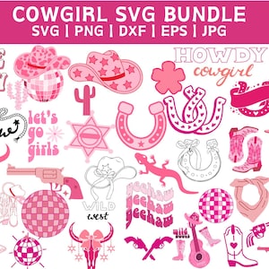 Cowgirl SVG-bundel, cowgirllaarzen SVG, cowgirlhoed SVG, Let's Go Girls SVG, disco cowgirl SVG, koeienschedel SVG, western SVG, hoefijzer SVG