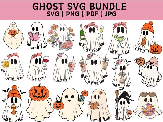 Cute Ghost Halloween svg Bundle, Retro Ghost png, Retro Floral Ghost png, Dog Ghost svg, Ghost Reading svg, Spooky Season, Halloween png