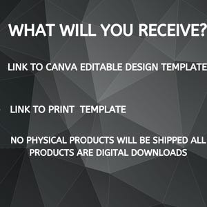 Op de afbeelding: Tekst op een zwarte achtergrond met een geometrisch patroon. De tekst luidt "WHAT WILL YOU RECEIVE?" gevolgd door drie opsommingstekens. De opsommingstekens geven aan: "LINK TO CANVA EDITABLE DESIGN TEMPLATE", "LINK TO PRINT TEMPLATE" en "NO PHYSICAL PRODUCTS WILL BE SHIPPED ALL PRODUCTS ARE DIGITAL DOWNLOADS".