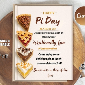 Puede incluir: Una invitación imprimible para el Día Pi, con porciones de pastel y el texto "Happy Pi Day" y "March 20." La invitación mide aproximadamente 21,6 x 27,9 cm.