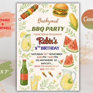 Könnte beinhalten: Eine druckbare 5' x 7' Einladung für eine Grillparty im Garten. Das Design zeigt Illustrationen von Lebensmitteln wie Burger, Mais, Wassermelone und Spieße. Der Einladungstext lautet "Backyard BBQ Party" und "Robins 8. Geburtstag".