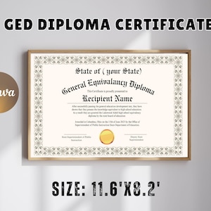 Plantilla de diploma GED con sello dorado para imprimir y editar con Canva. Réplica de diploma de escuela secundaria personalizado. Certificado de graduación personalizado