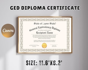 GED Diploma with Gold Seal Template Printable and Editable with Canva Personalized High School Diploma Replica Graduation Certificate Custom