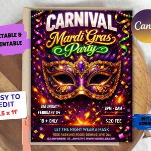 Könnte beinhalten: Ein lebendiger Mardi Gras Party Flyer mit einer lila und goldenen Maske als zentrales Designelement. Der Flyer enthält den Text "Carnival Mardi Gras Party", Veranstaltungsdetails und den Satz "Let the night wear a mask". Der Flyer ist 21,6 x 27,9 cm groß.