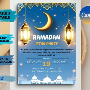 Op de afbeelding: Een blauwe en gouden Ramadan Iftar Party-uitnodiging met een halve maan, lantaarns en een silhouet van een moskee. De uitnodiging bevat de datum, tijd en RSVP-informatie.