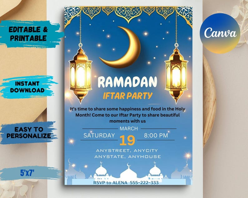 Op de afbeelding: Een blauwe en gouden Ramadan Iftar Party-uitnodiging met een halve maan, lantaarns en een silhouet van een moskee. De uitnodiging bevat de datum, tijd en RSVP-informatie.