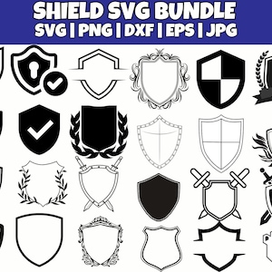 Könnte beinhalten: Ein Set mit 20 schwarzen und weißen Schild-SVG-Designs. Die Schilde sind in verschiedenen Stilen gehalten, darunter klassisch, verziert und modern. Die Designs eignen sich perfekt für die Erstellung von Logos, Branding und anderen kreativen Projekten.