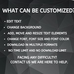 May include: A graphic with the text "WHAT CAN BE CUSTOMIZED?" and bullet points listing customization options: edit text, change background, add/move/resize text elements, change font/size/color, download in multiple formats, and no time/download limits.
