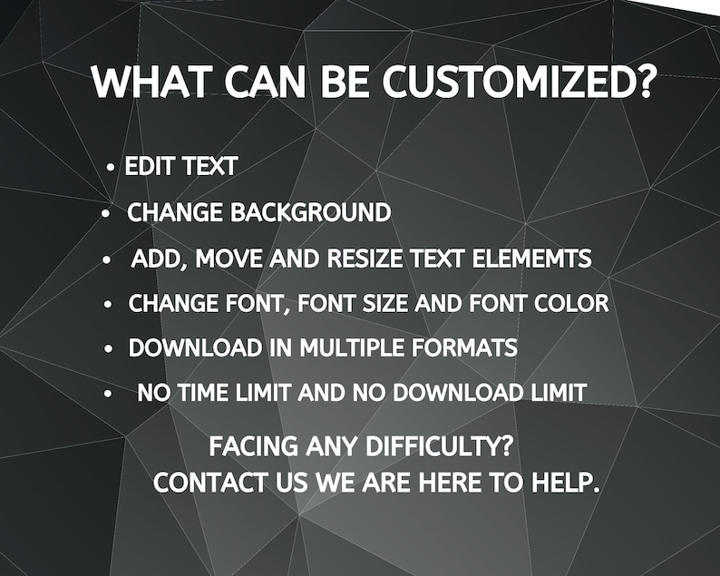May include: A graphic with the text "WHAT CAN BE CUSTOMIZED?" and bullet points listing customization options: edit text, change background, add/move/resize text elements, change font/size/color, download in multiple formats, and no time/download limits.