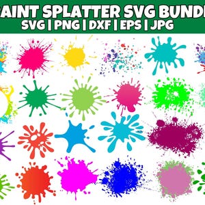 Könnte beinhalten: Ein Set mit 20 bunten Farbklecks-SVG-Dateien. Die Klecks-Designs sind in verschiedenen Farben, darunter Rot, Blau, Grün, Gelb, Lila und Pink. Die Klecks-Designs sind perfekt, um einzigartige Designs für Bastelarbeiten, Scrapbooking und mehr zu erstellen.