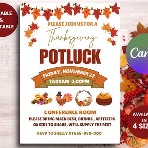 Może przedstawiać: Zaproszenie na potluck z okazji Święta Dziękczynienia w świątecznym jesiennym stylu. Zaproszenie przedstawia indyka, jesienne liście i baner z napisem "Dołącz do nas na potluck z okazji Święta Dziękczynienia". Wydarzenie zaplanowano na piątek, 27 listopada, od 00:00 do 15:00. Zaproszenie zawiera również lokalizację, "Sala konferencyjna", oraz prośbę o potwierdzenie uczestnictwa do Shelly pod numerem 666-999-000.