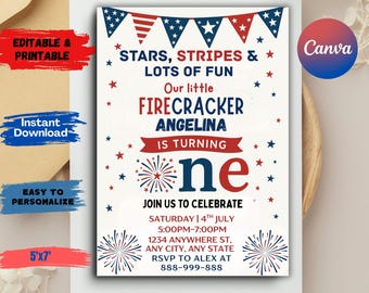4th of July 1st Birthday Invite, All American Girl First Birthday Invitation, Summer Birthday Theme, Little Firecracker First Birthday