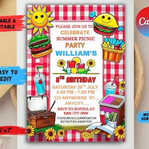 Editable Picnic Birthday Invitation template, Picnic Birthday Invitation, Picnic party invitation, Picnic thank you tags, canva editable