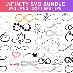 Puede incluir: Un conjunto de 25 diseños SVG de símbolo de infinito en blanco y negro. Los diseños incluyen corazones, estrellas, coronas y las palabras "love", "infinity" y "you".